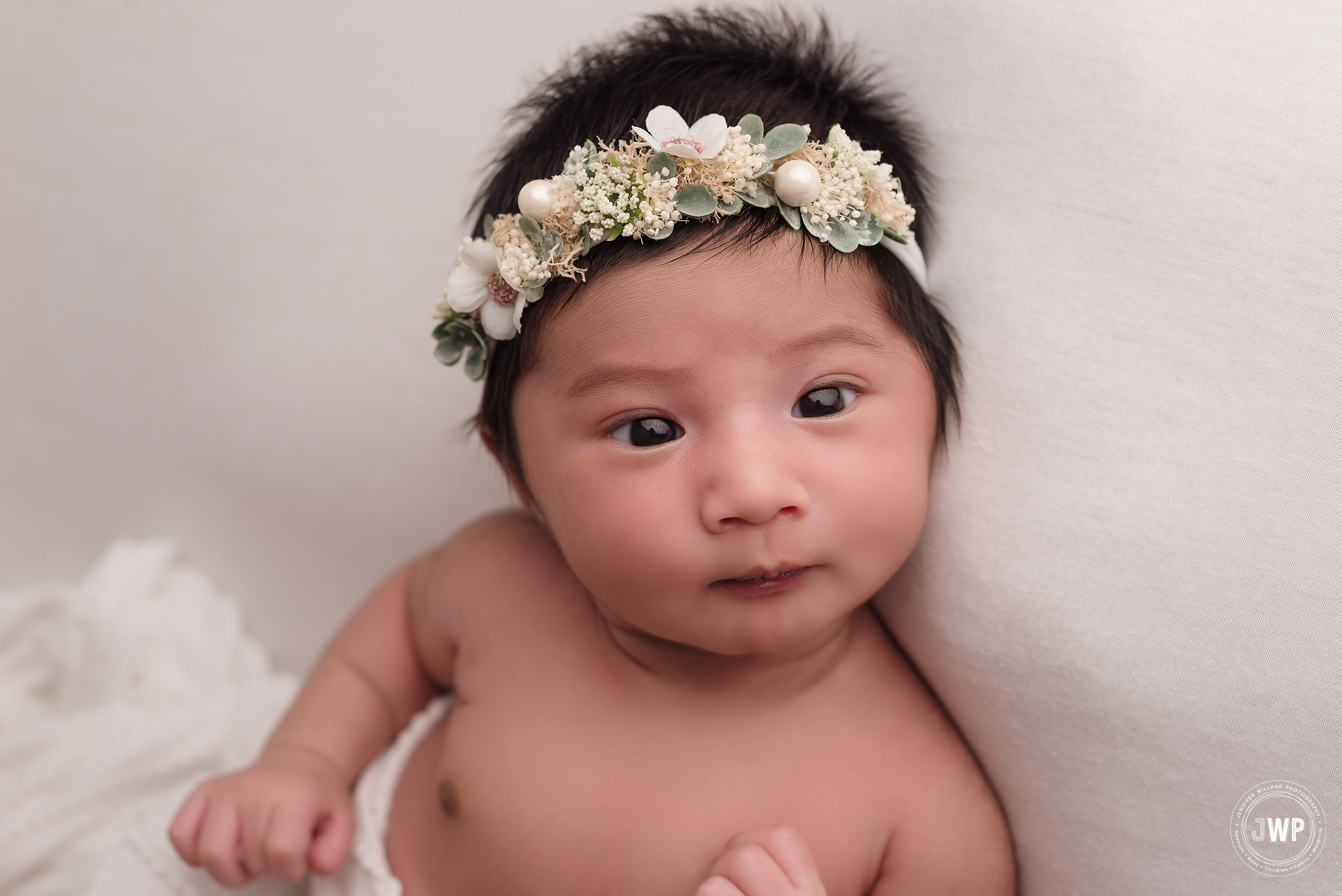 baby girl white blanket flower halo Asian Heritage Kingston newborn photographer