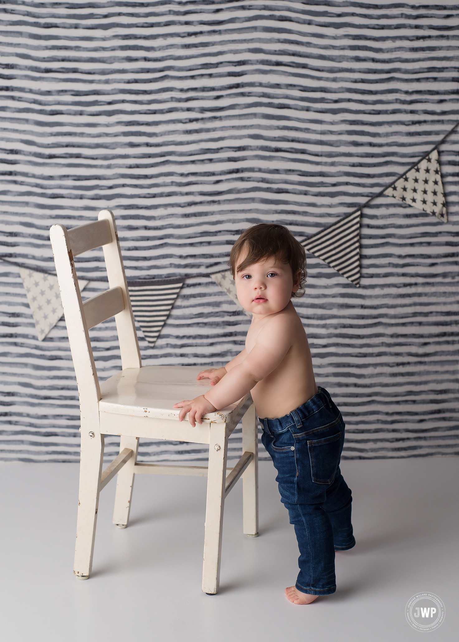 baby first birthday white chair striped backdrop Kingston milestone photographer