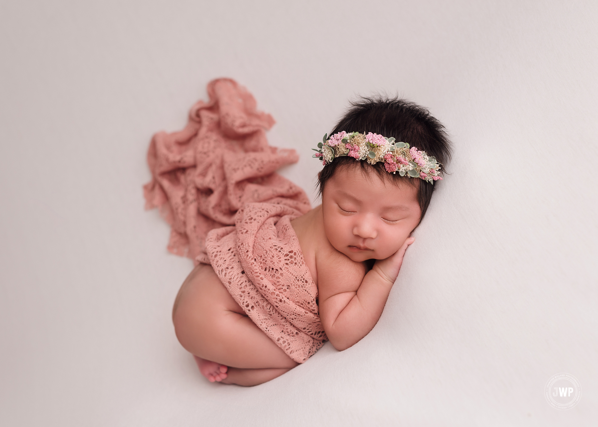 baby girl white blanket pink floral halo wrap Kingston newborn photographer