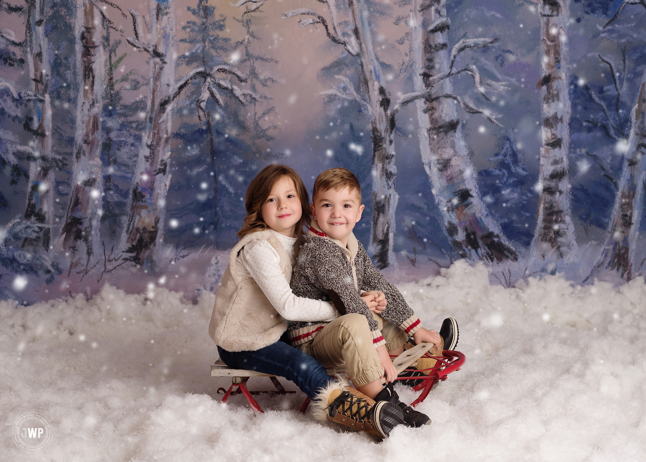 brother sister siblings snow sleigh Winter scene Kingston mini session photography