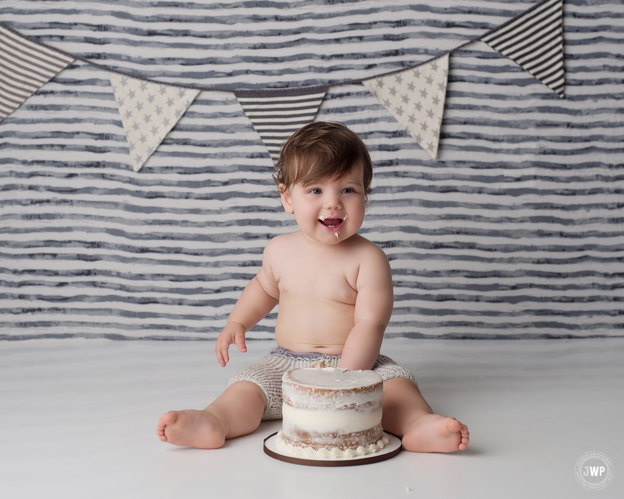 cake smash first birthday boho cake grey black white striped backdrop Kingston baby Photographer