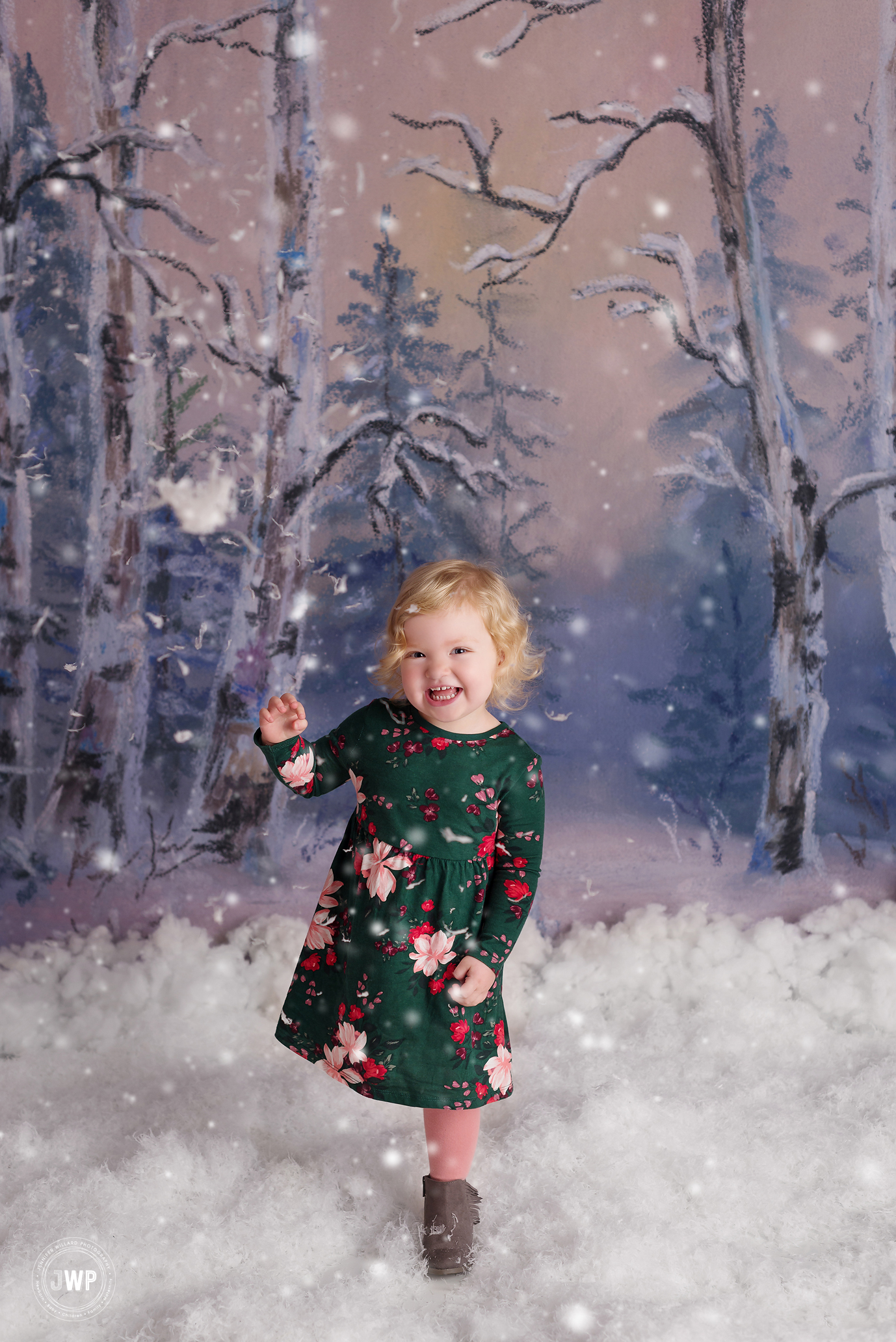little girl green dress Winter scene falling snow Kingston mini session photography