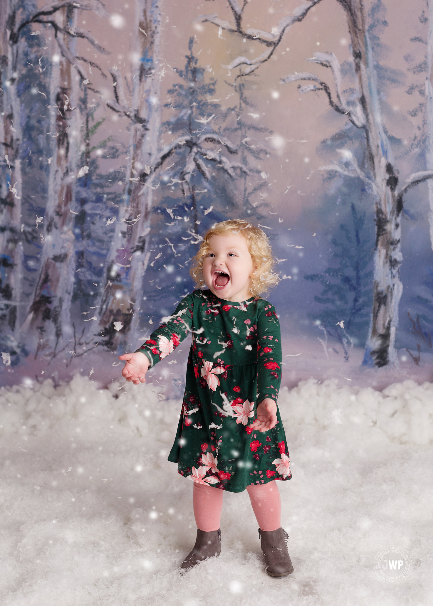 little girl laughing green dress falling snow Winter scene Kingston mini session photography
