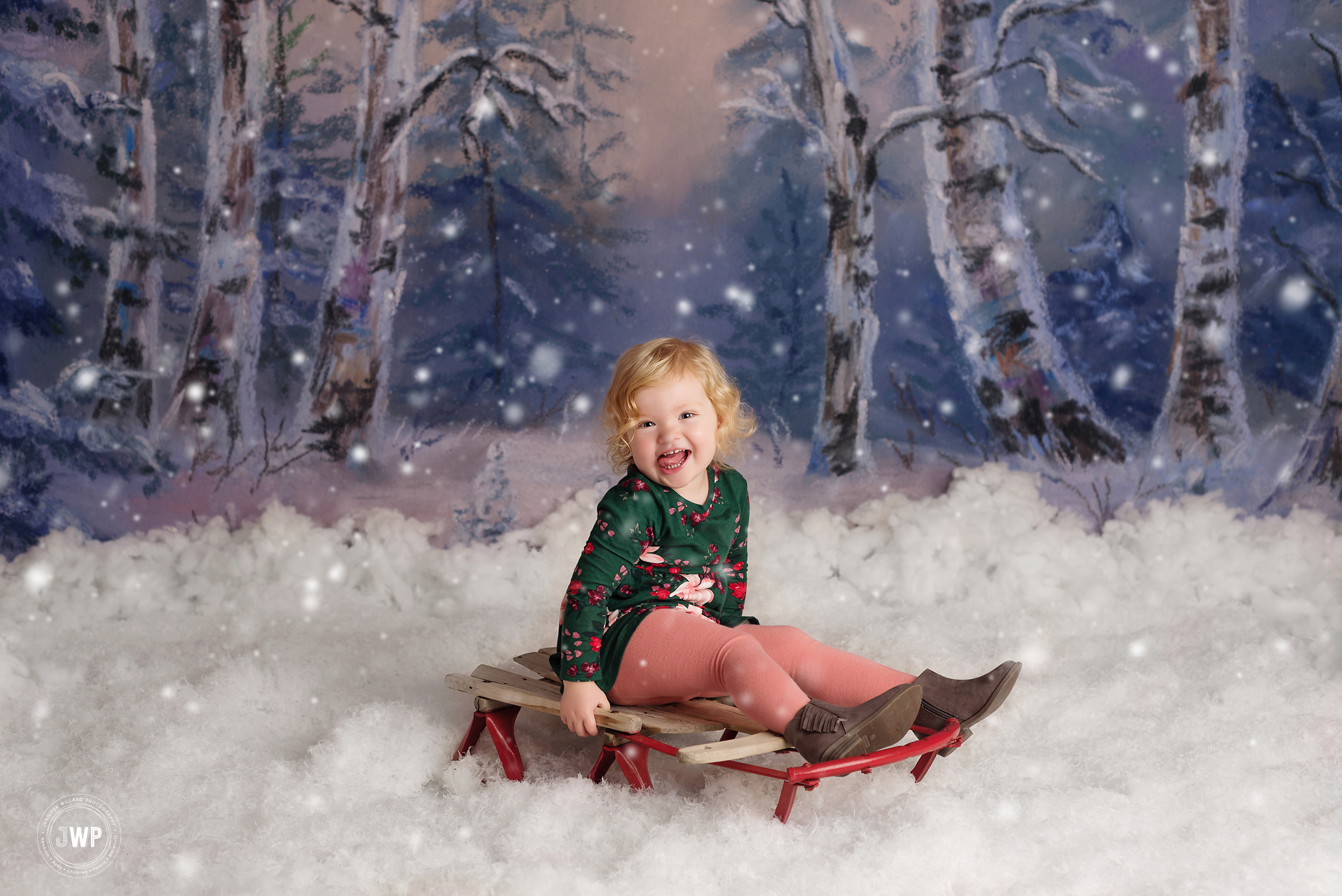 little girl sleigh snow Winter scene falling snow Kingston mini session photography
