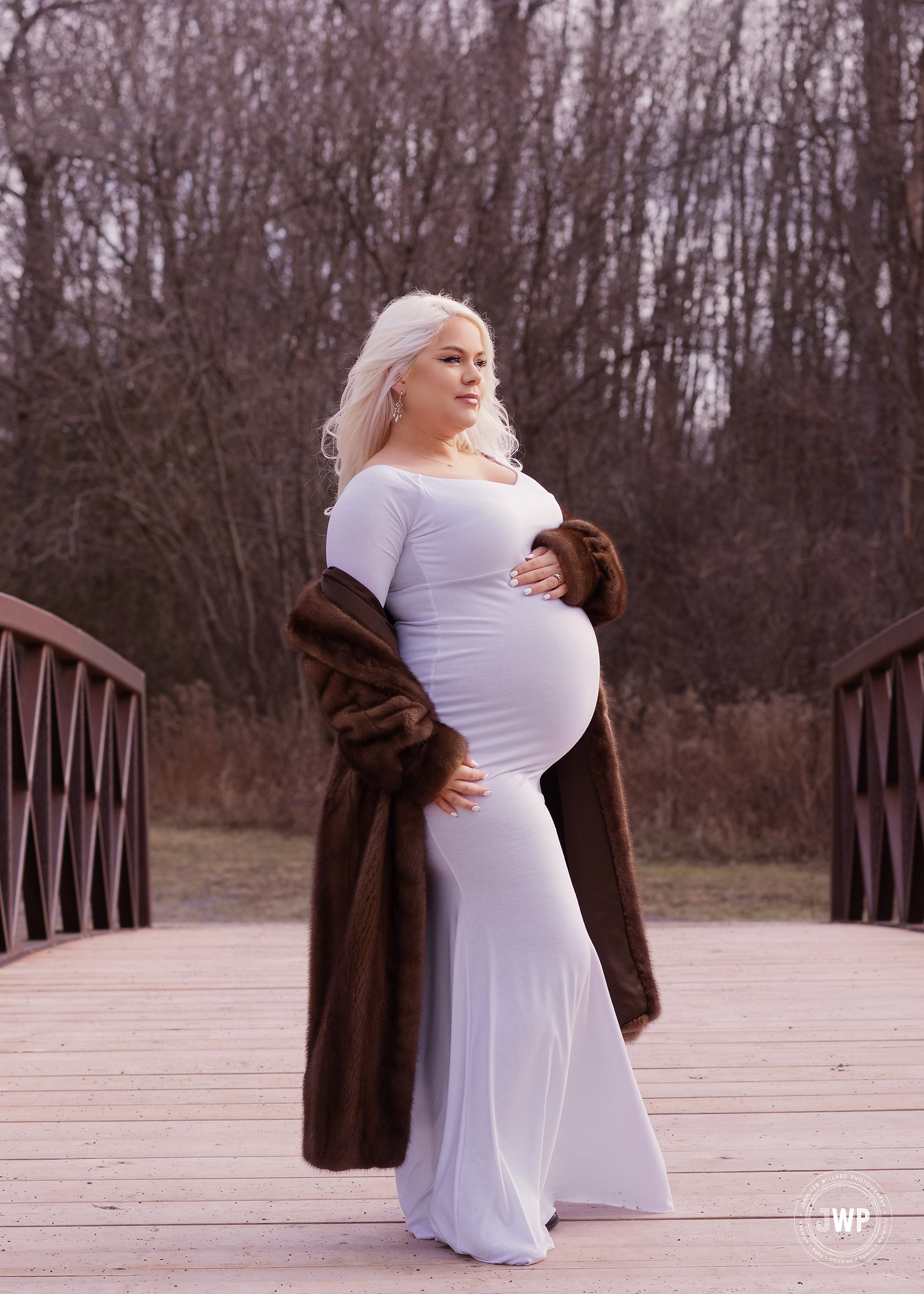 Pregnant Mother white dress fur coat Babcock Mill bridge Odessa Ontario