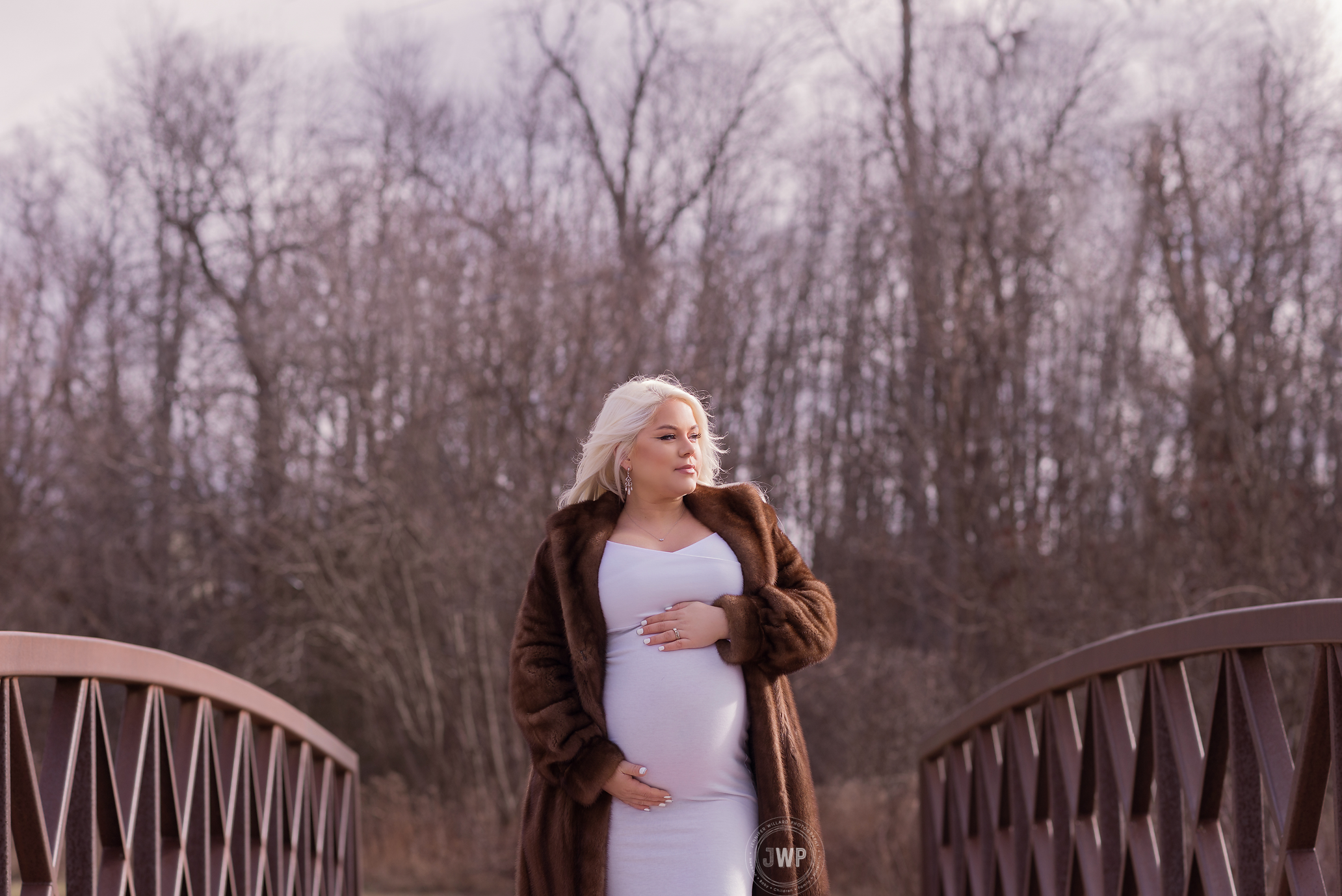 Pregnant Woman bridge fur coat Winter white dress Kingston Maternity Photographer