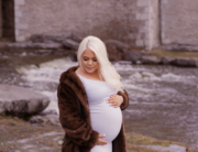 Pregnant woman fur coat white dress Babcock Mill Creek Kingston Maternity Photographer