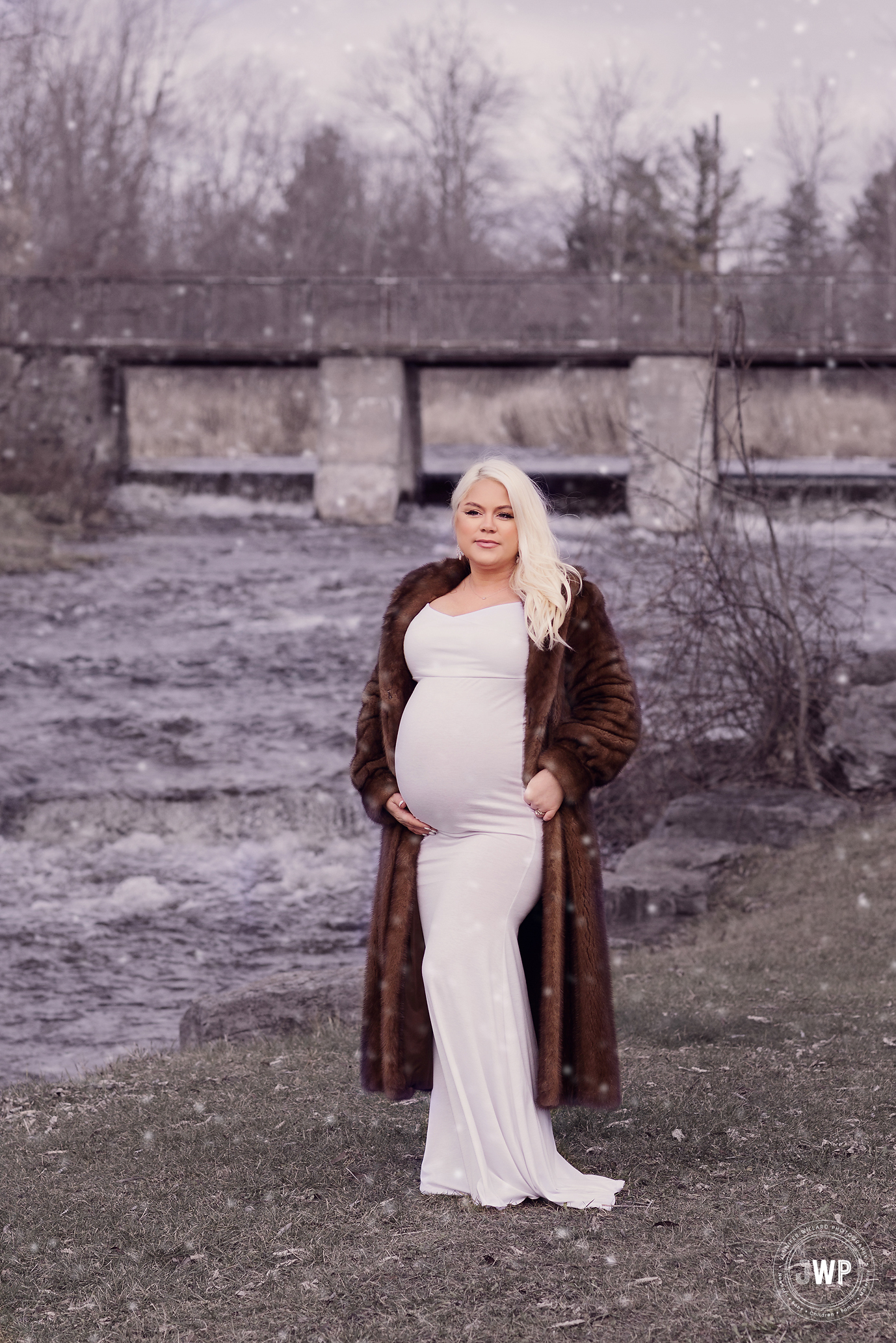 pregnant mother white dress fur coat Babcock Mill Odessa Ontario