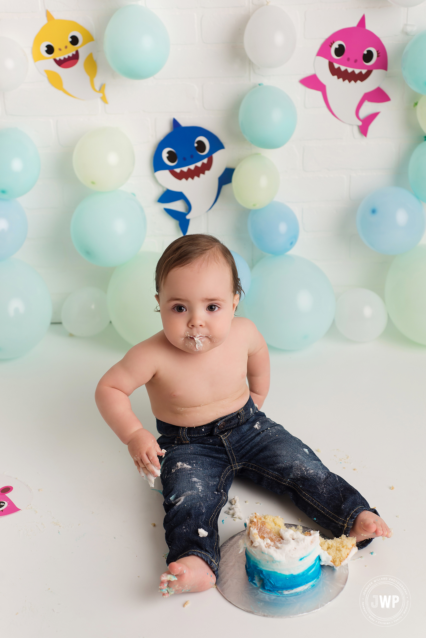 Baby Shark Cake Smash First Birthday balloons Kingston birthday photography