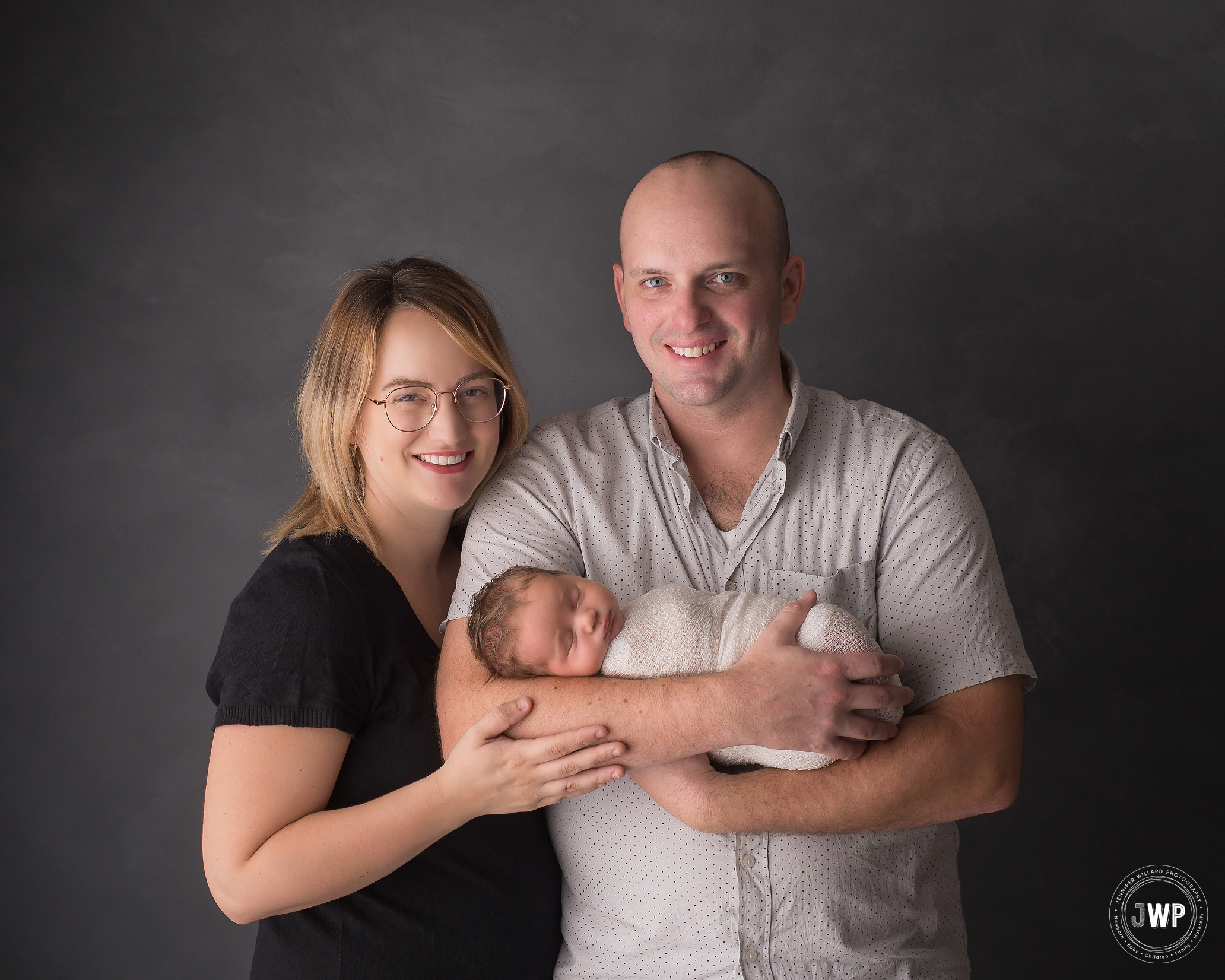 Father Mother baby girl grey backdrop Kingston newborn photographer