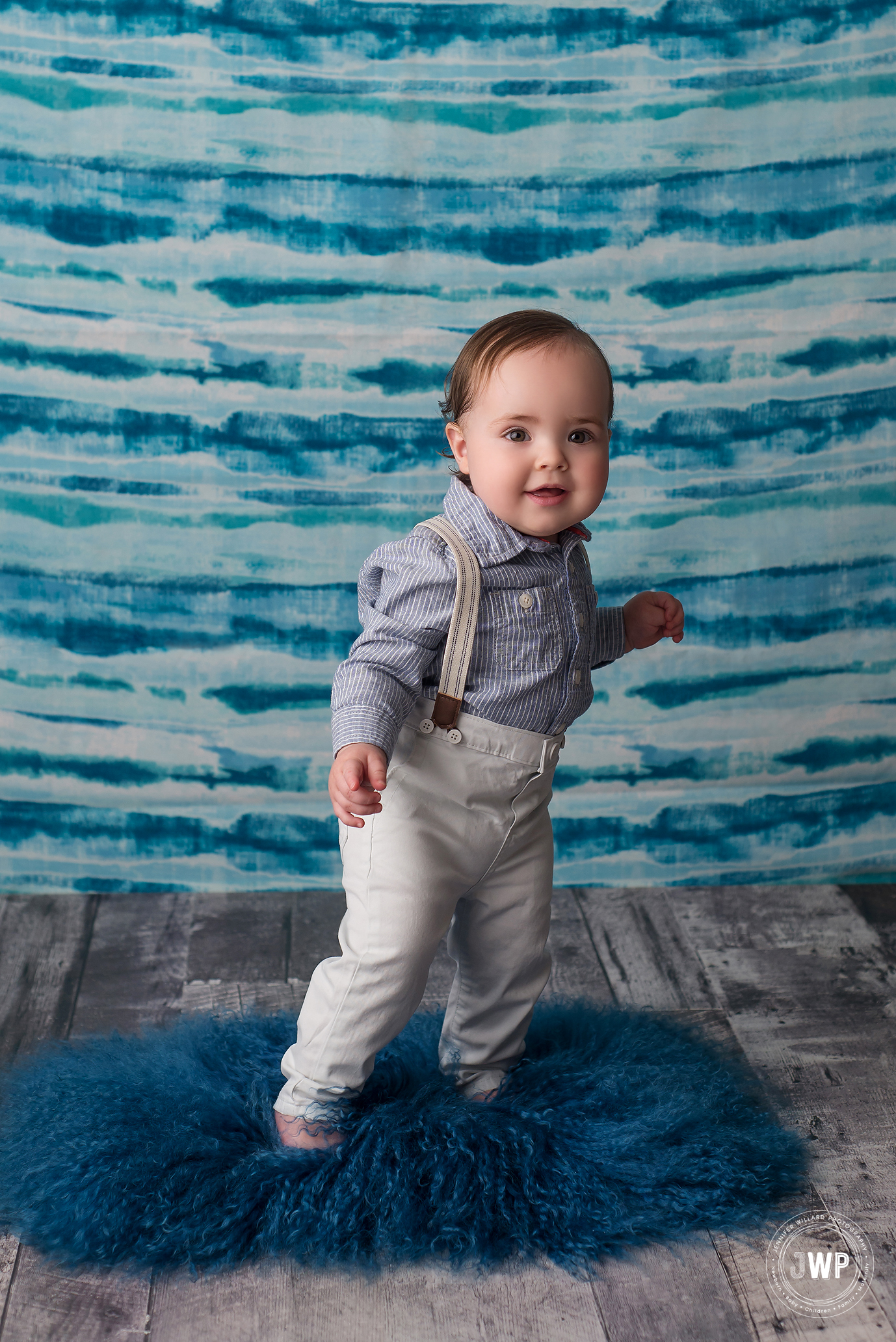 First Birthday Portraits blue Striped Backdrop grey barnboard Kingston baby photography