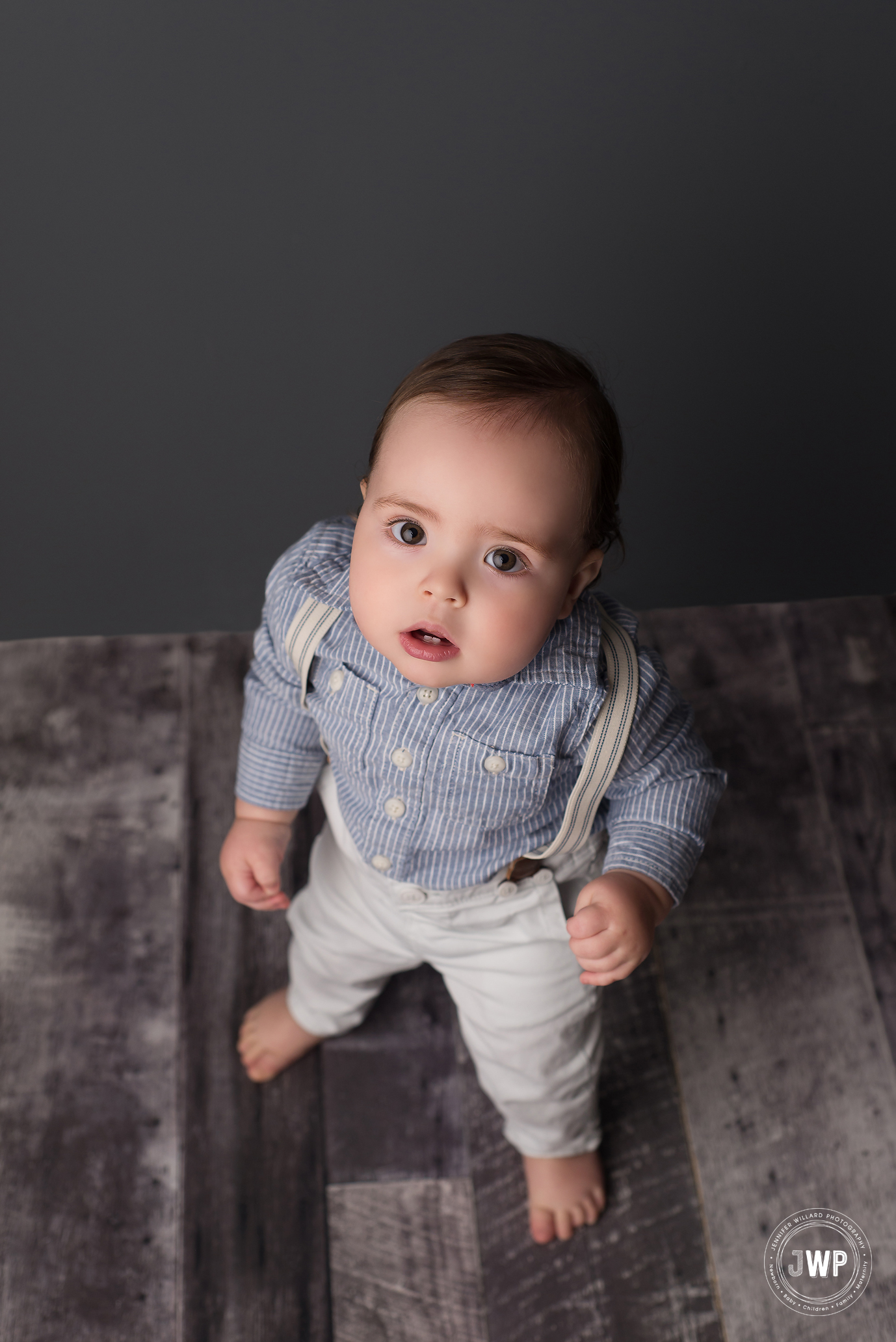 First Birthday suspenders grey backdrop baby boy Kingston children photographer