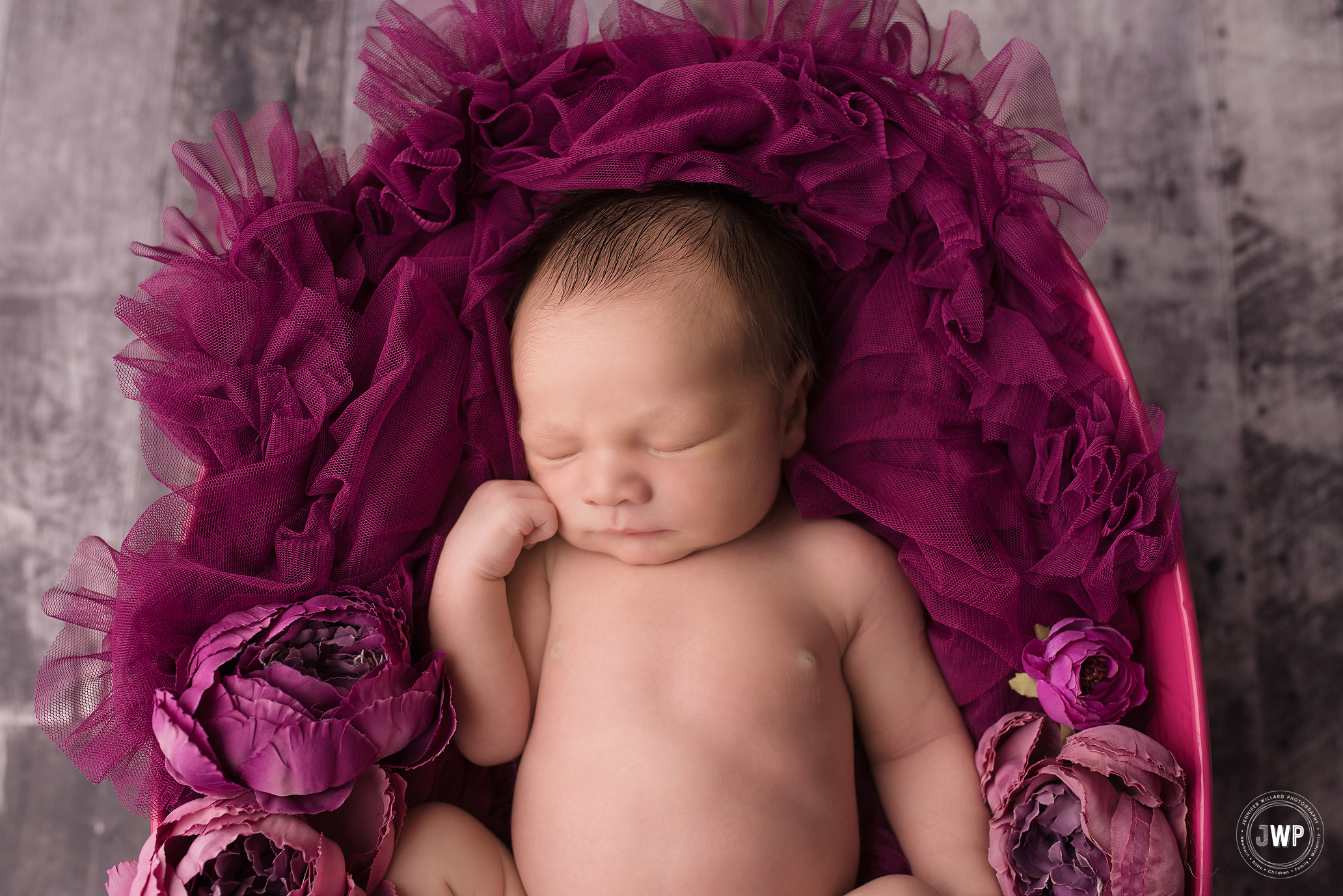baby boy purple tulle flowers grey barnwood Belleville newborn photographer