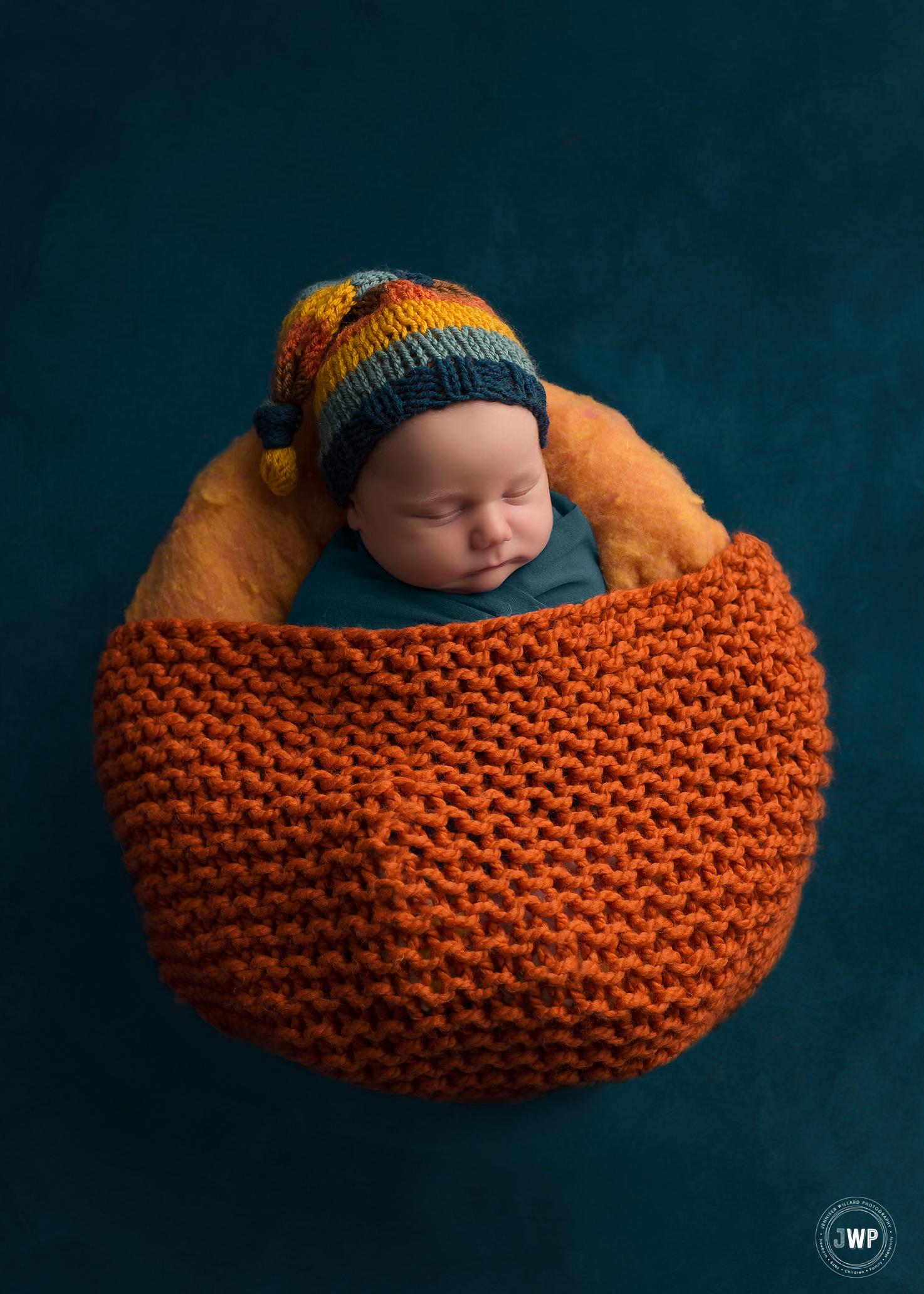 baby boy teal orange knit blanket hat Kingston newborn photographer