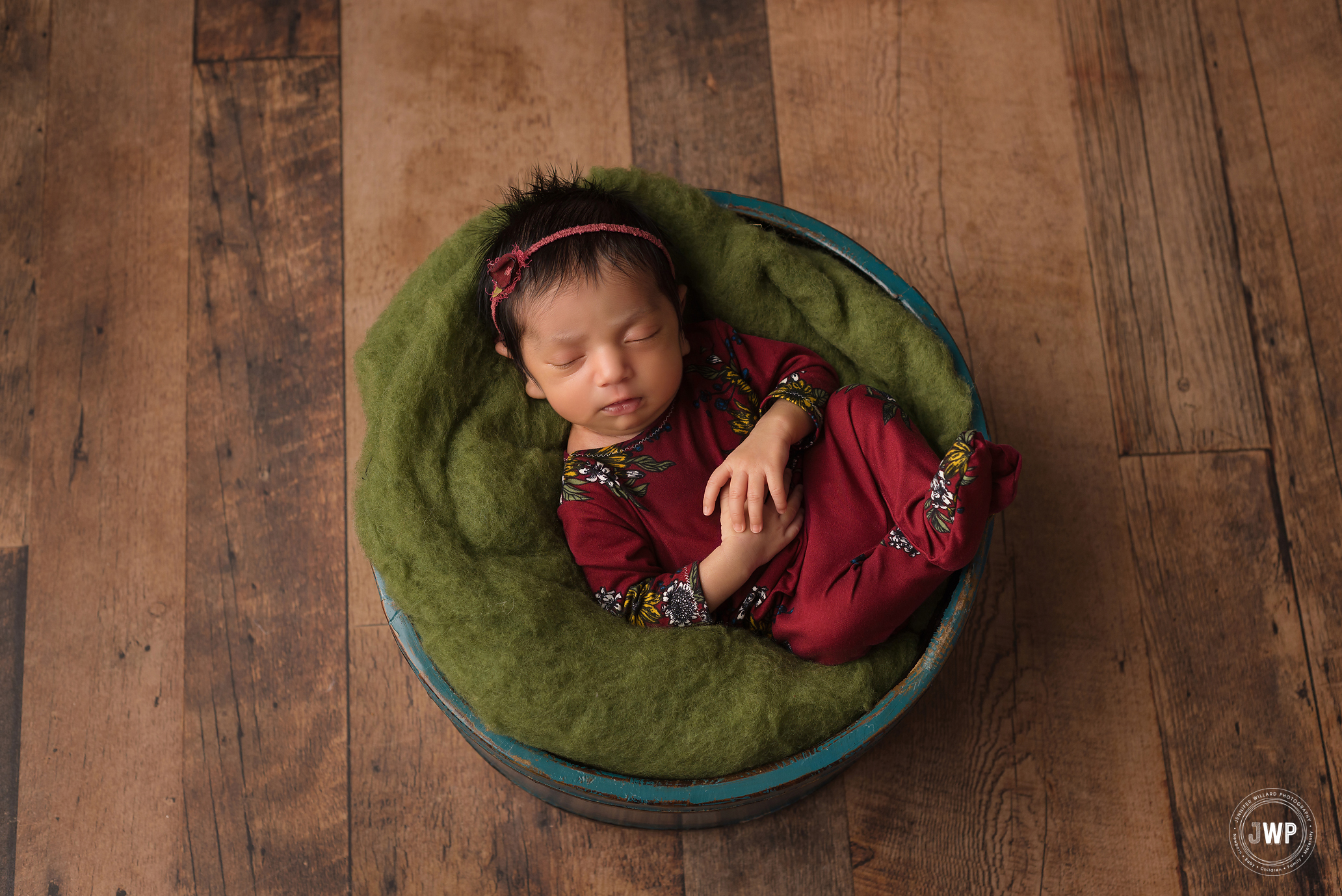 baby girl maroon flower romper green wool brown barnwood Kingston Newborn Photographer
