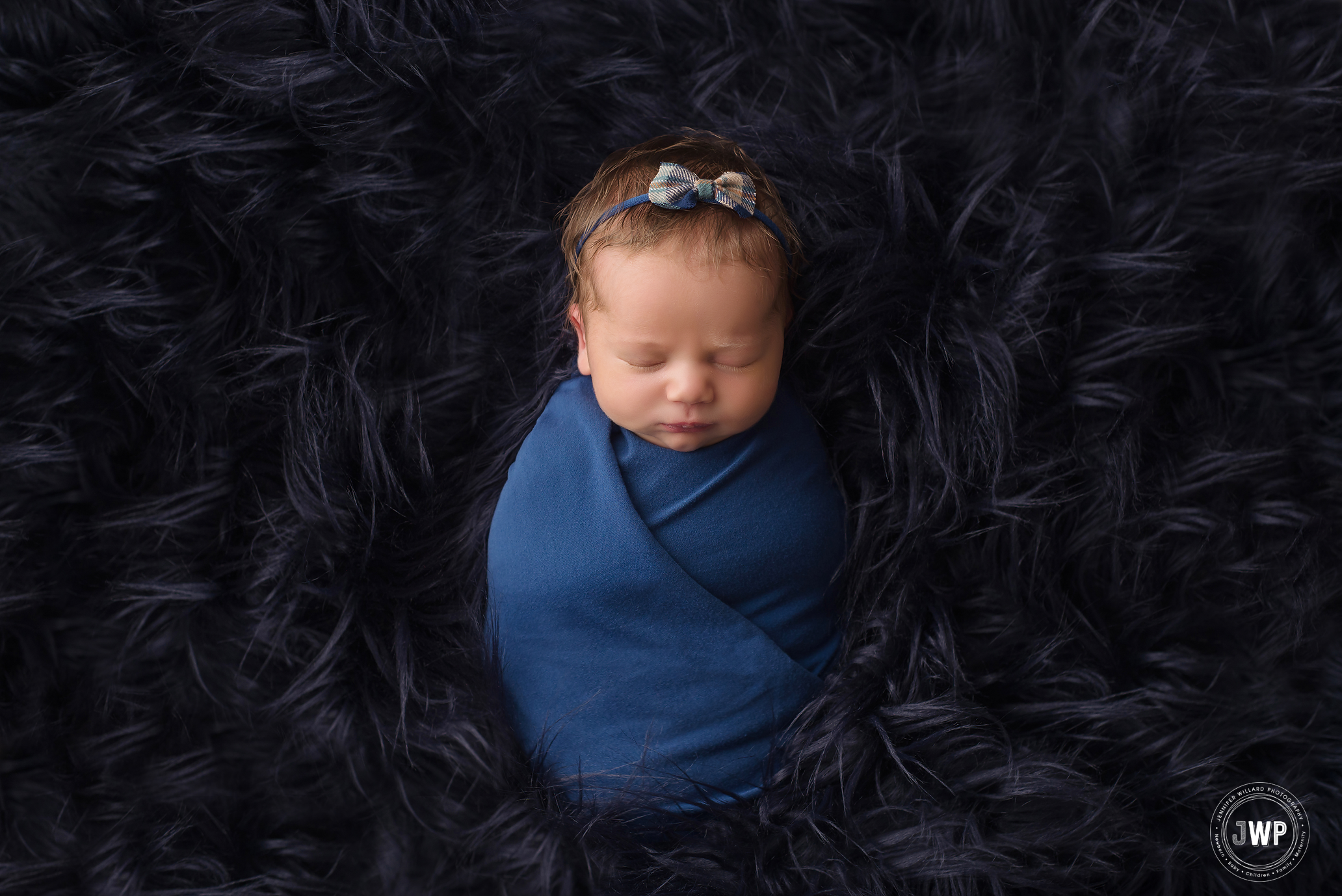 newborn girl navy blue flokati bow headband Kingston baby photographer