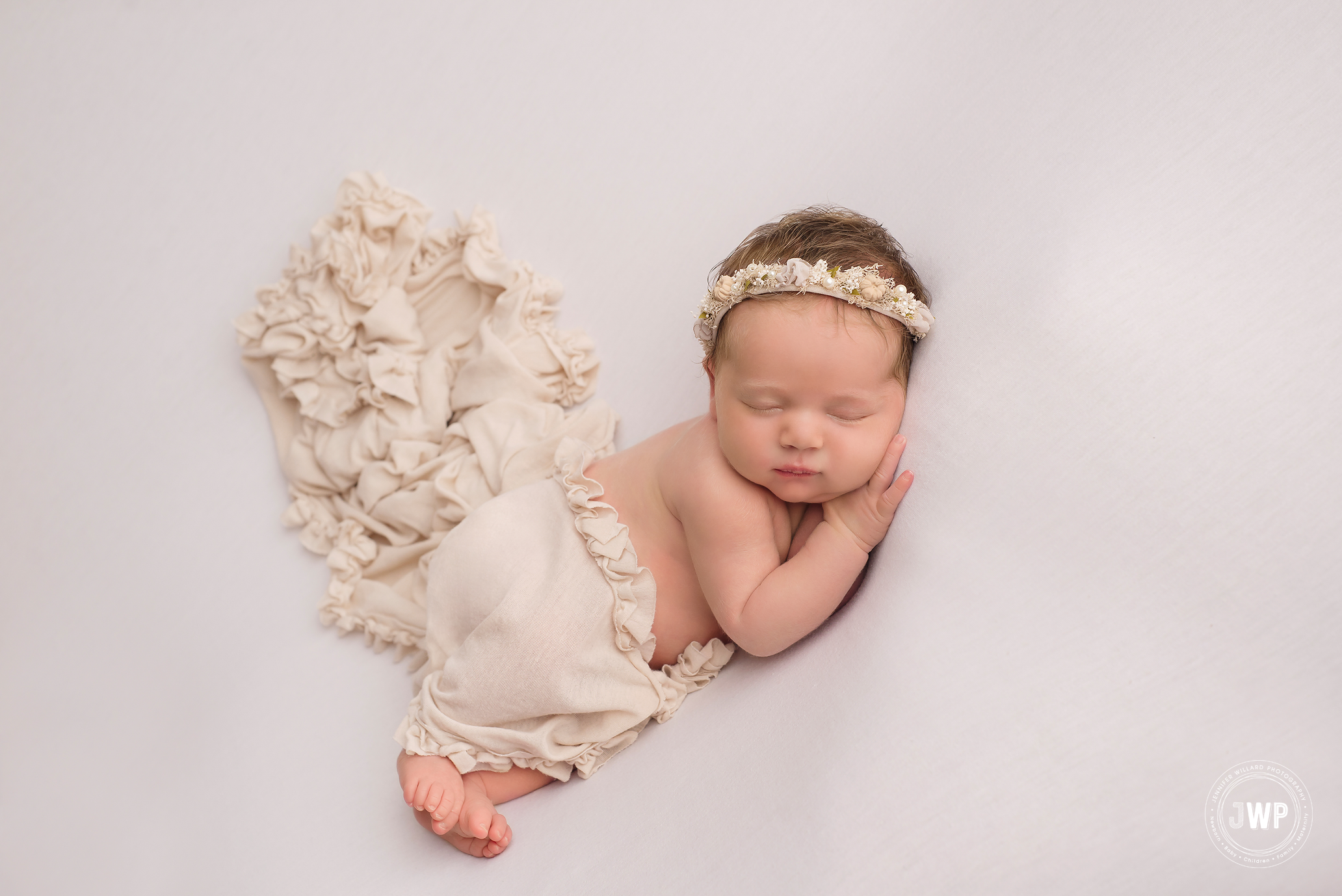 newborn girl white blanket cream ruffle wrap flower headband Kingston baby photographer