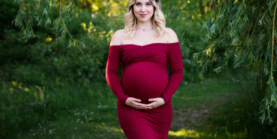 pregnant Mother red dress willow tree Lemoine Point Kingston Maternity Photographer