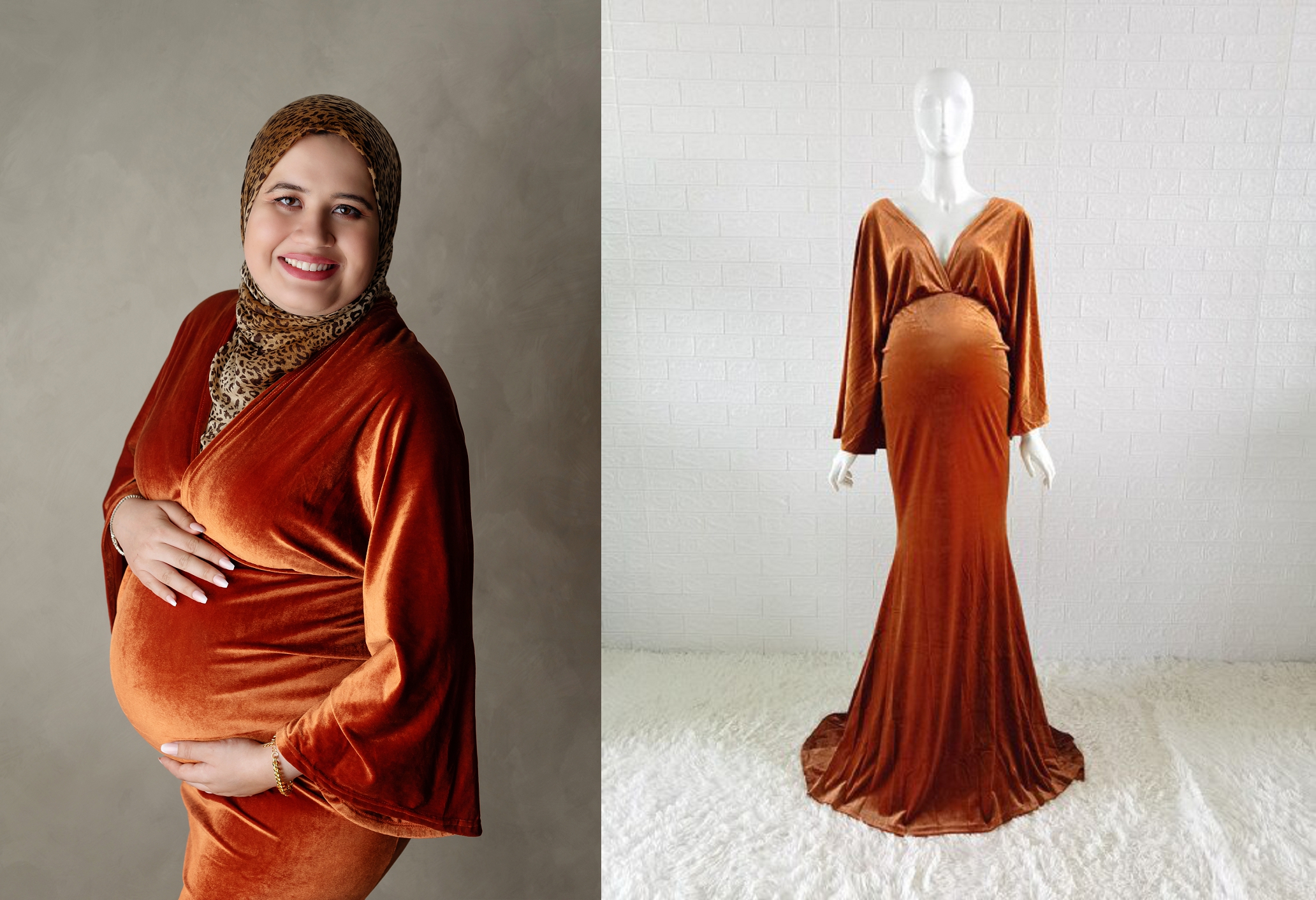 Brown velvet dress on pregnant mother with Hijab 