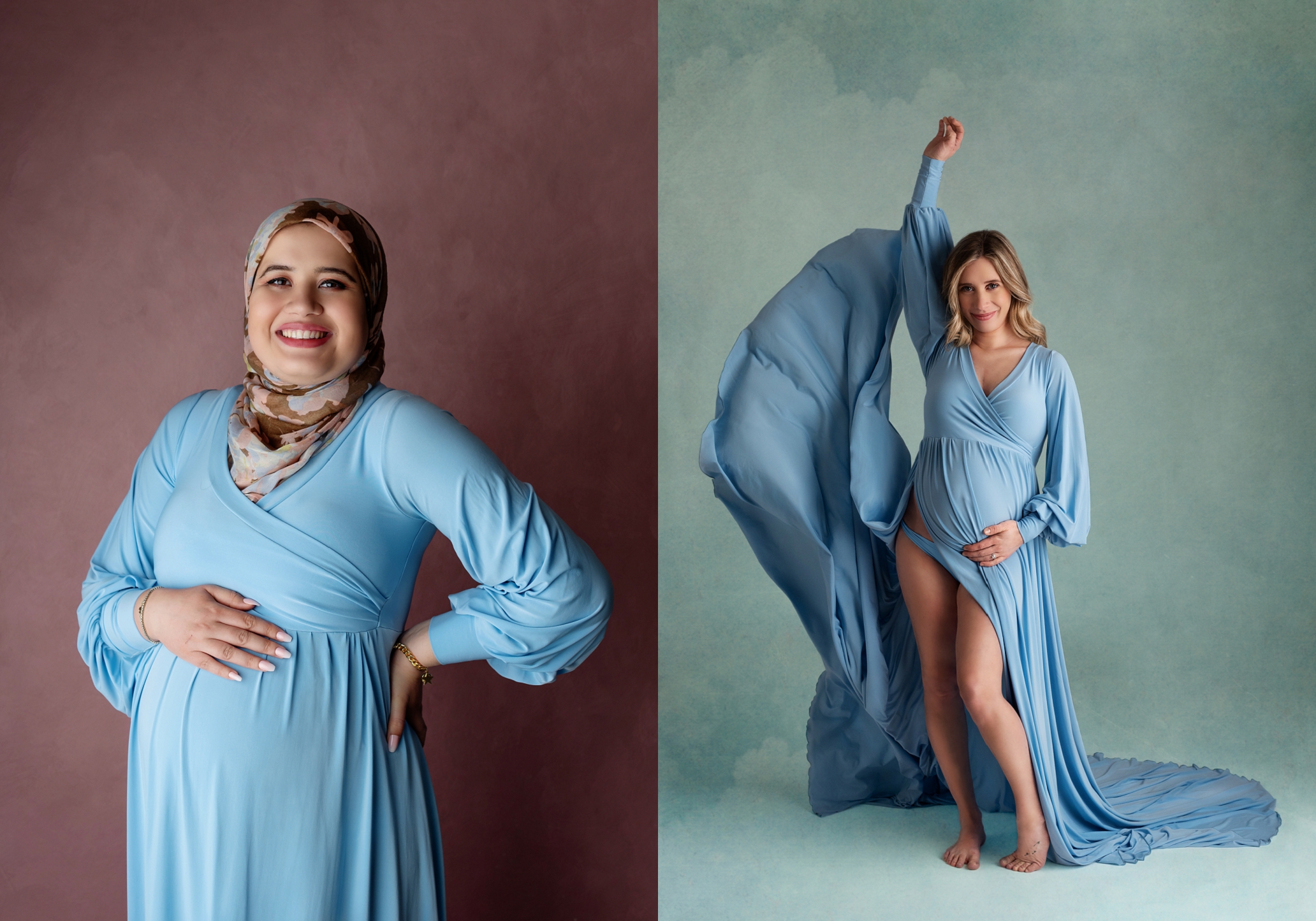 blue dress with leg slit on pregnant mothers in studio